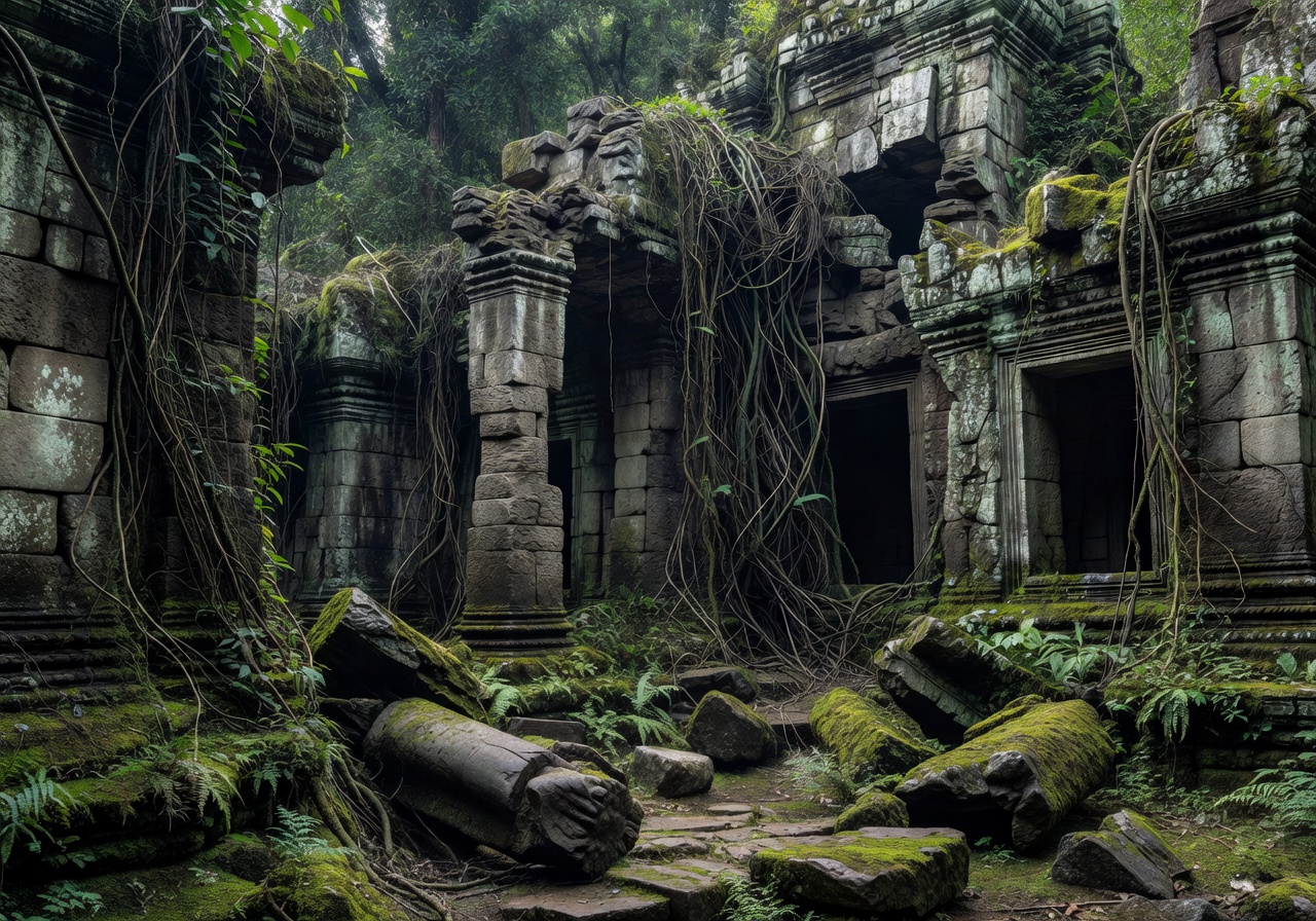 Ancient stone temple ruins covered in vines