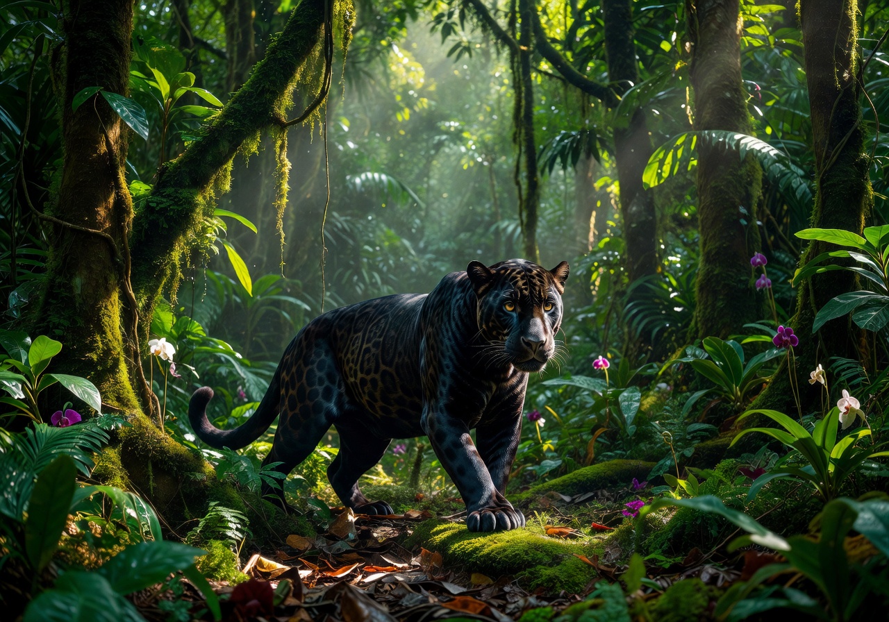 Black jaguar in emerald jungle