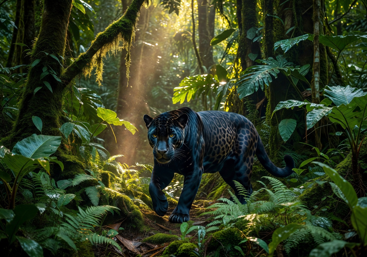 Black jaguar prowling through emerald jungle