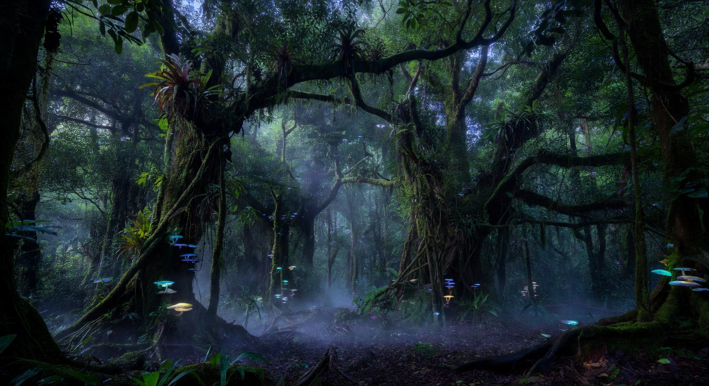 Dense mystical rainforest canopy at twilight