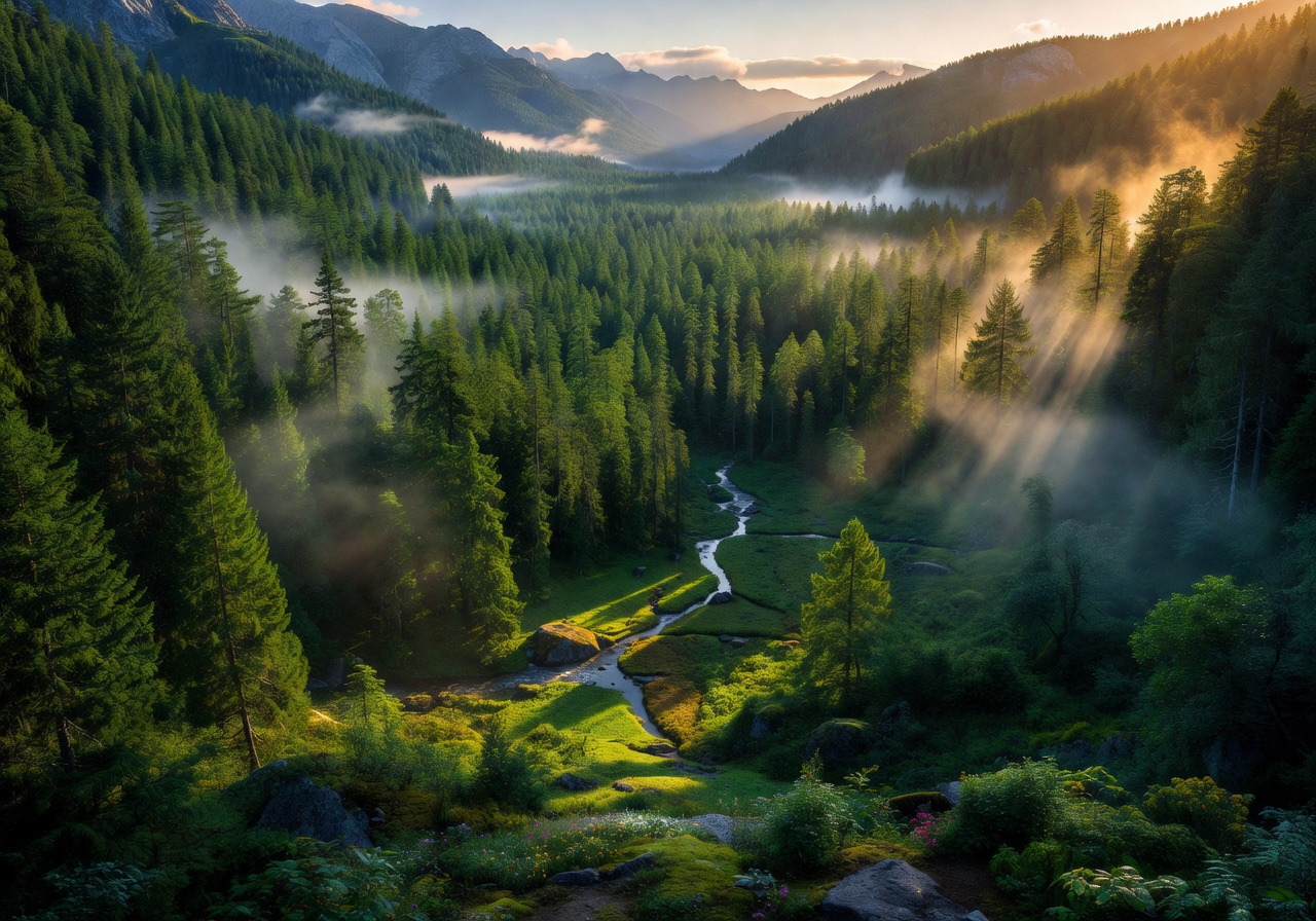 Emerald forest valley at sunrise