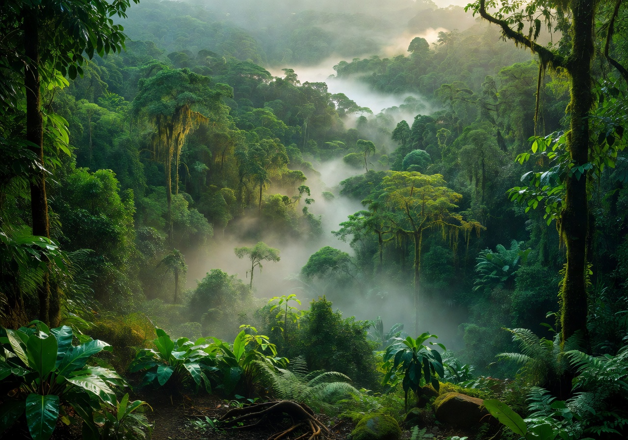 Emerald jungle valley with morning mist
