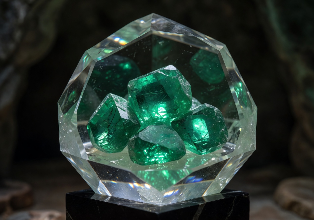 Glowing emerald gemstones inside crystal chamber
