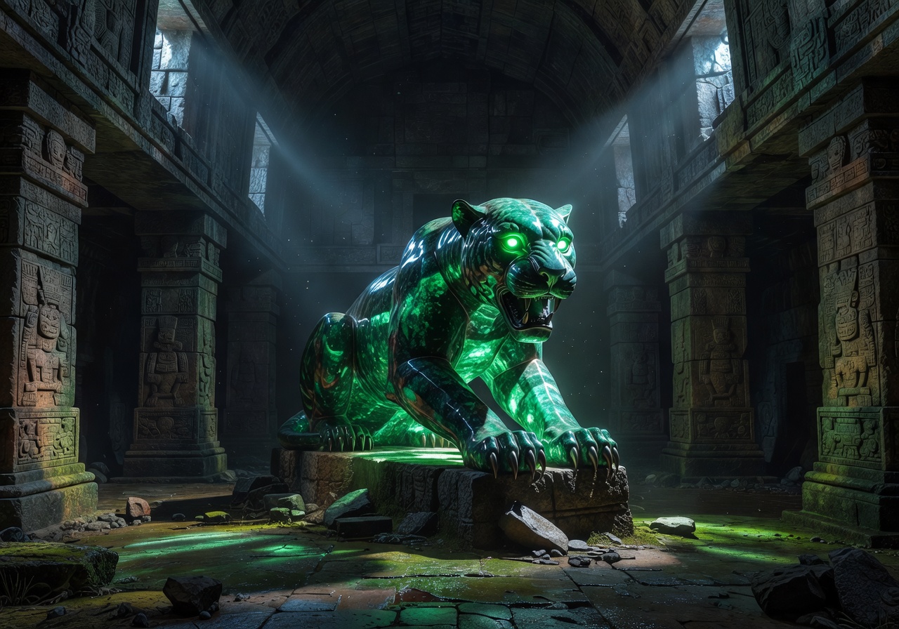 Glowing emerald jaguar shrine inside ancient temple