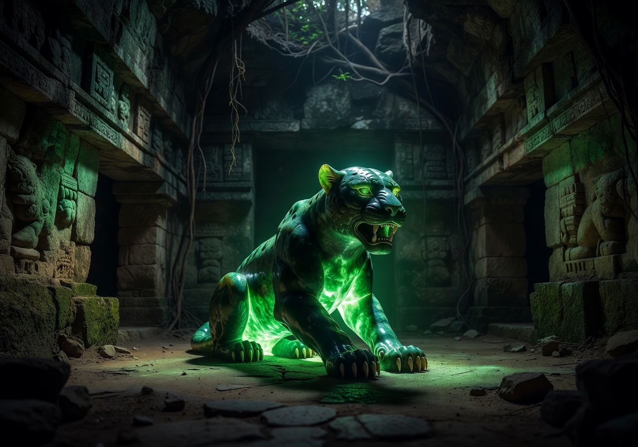 Glowing jade jaguar statue inside ancient temple