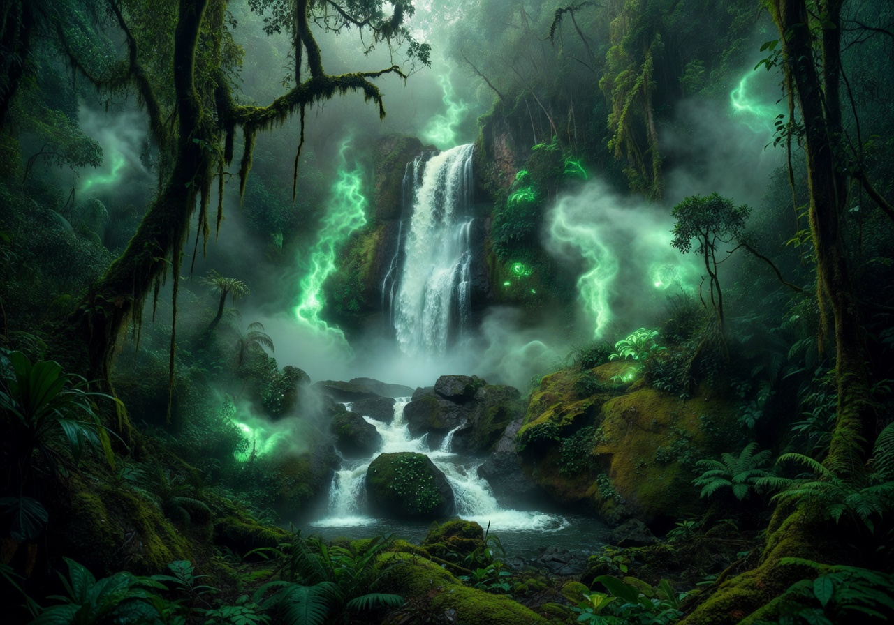 Misty rainforest waterfall with emerald glow