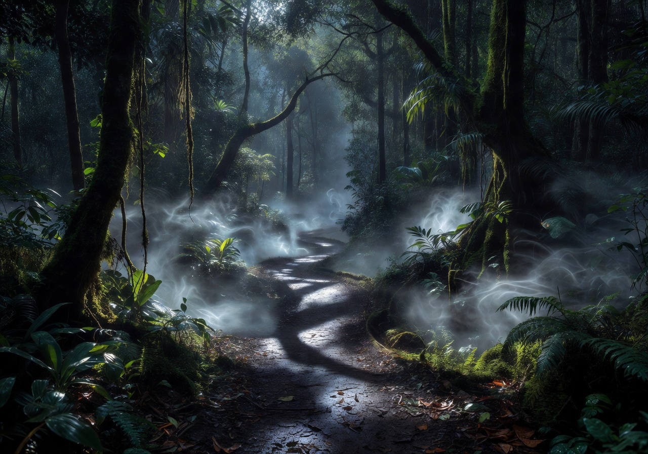 Moonlit jungle path with mystical fog