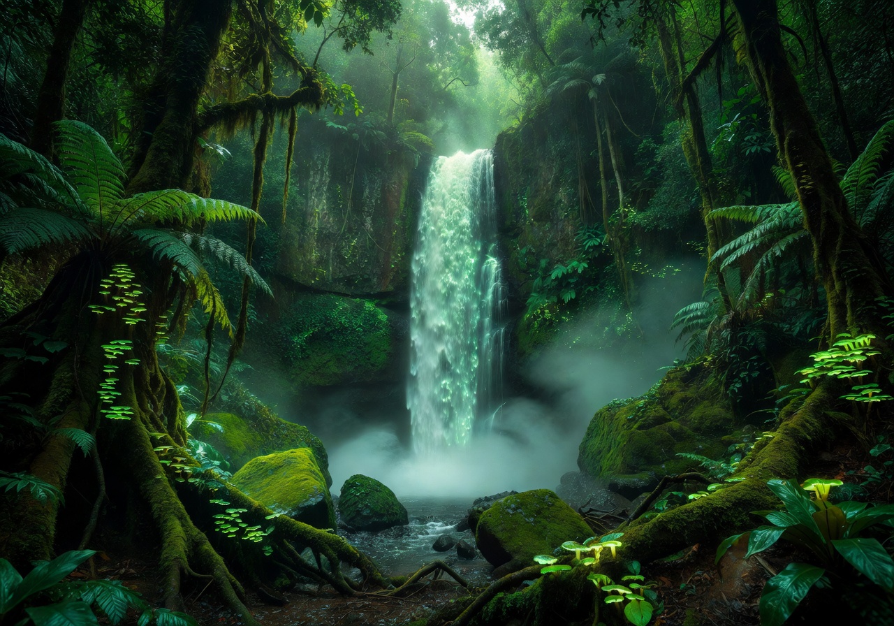 Mystical rainforest waterfall with green light