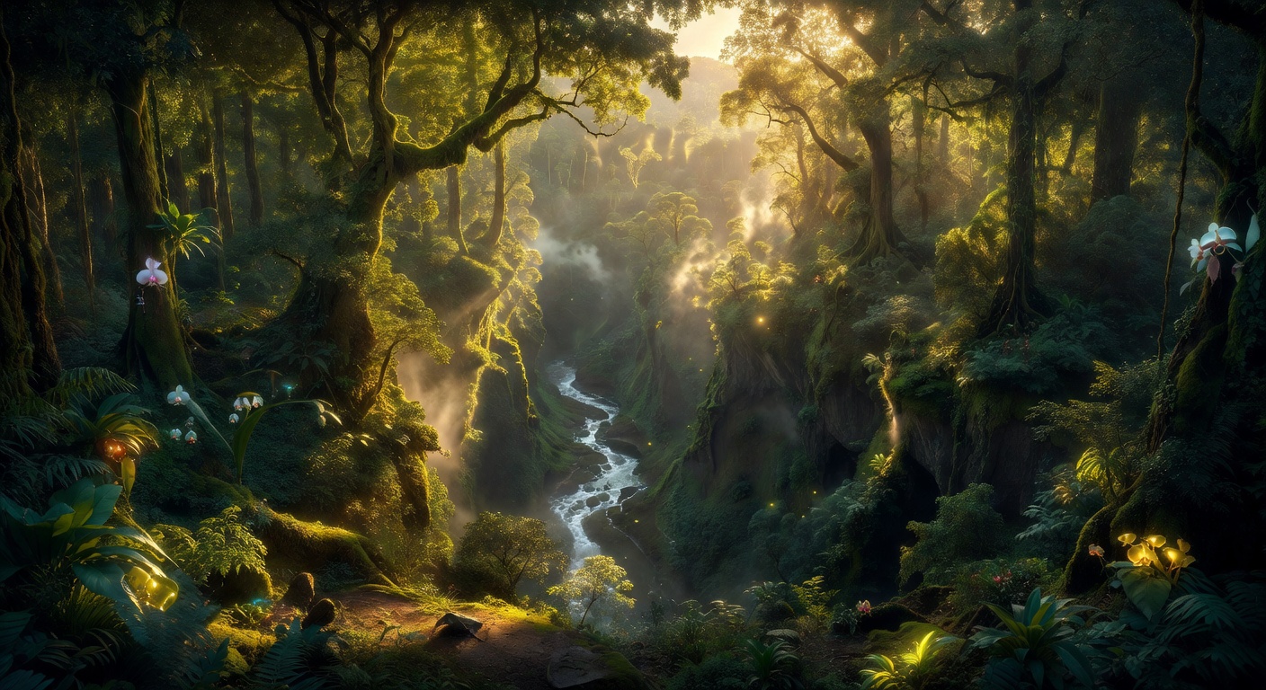 Vast mystical rainforest valley with golden light