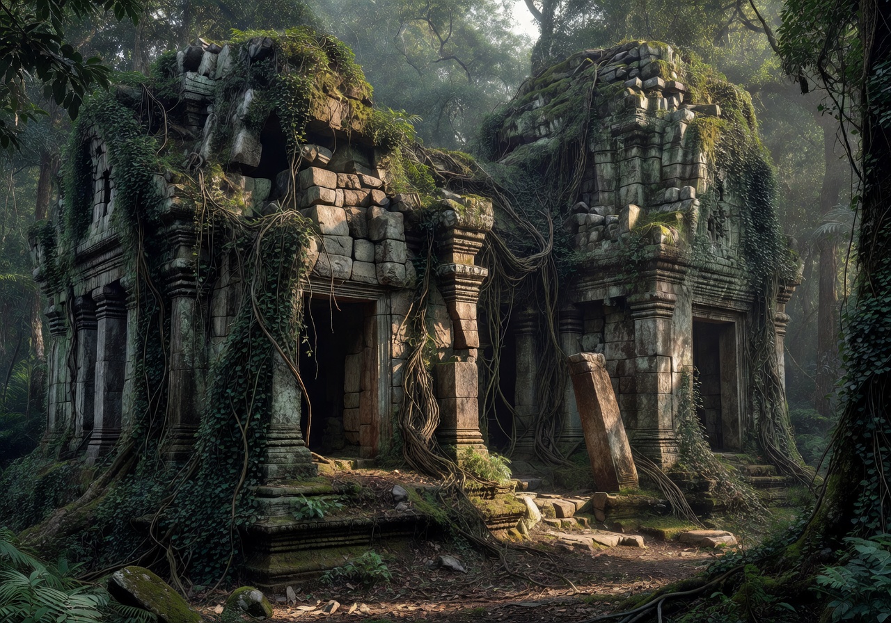 Vine covered temple ruins